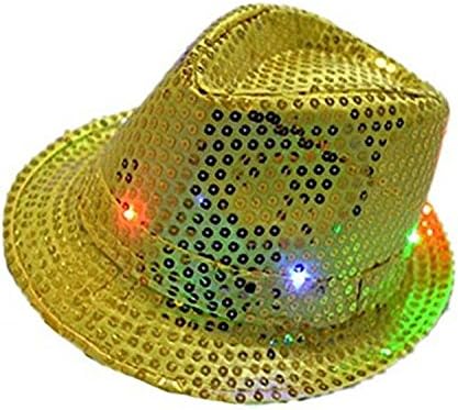 LED Jazz Hat,TILO Women Men Unisex Adult Glitter Sequins Jazz Hat Led Light Up Fedora Cowboy Hats Costume Party Cap for Dancing Party with 9 Flashing LED Lamps 58cm/23" Gold