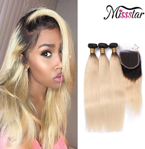 Misstar Straight 100% Unprocessed 3 Bundles with Closure 4×4 Free Part Lace Frontal Human Hair #1b/613 Natural Black to Blonde Color Brazilian Remy Human Hair Extensions(16 18 20+14inches)
