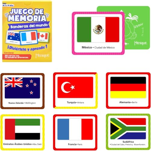 Menique. Juego de Memoria de Banderas del Mundo. 50 Pares de países. Bandera, país y Capital