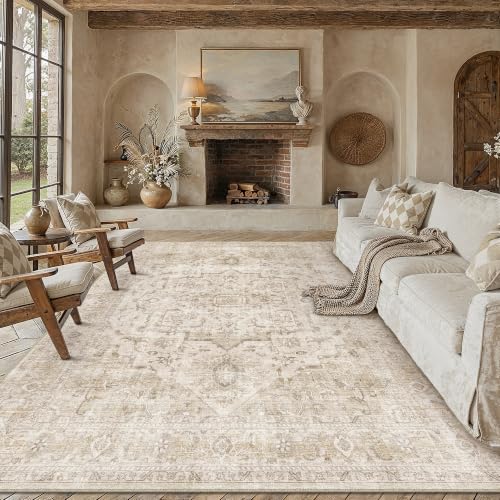 PureCozy Vintage Alfombra Salon 200x300cm Beige Habitacion Alfombras Lavable Antideslizante Dormitorio Grande Tapete Sala Comedor Oficina Interior Pelo Corto Rug Carpet
