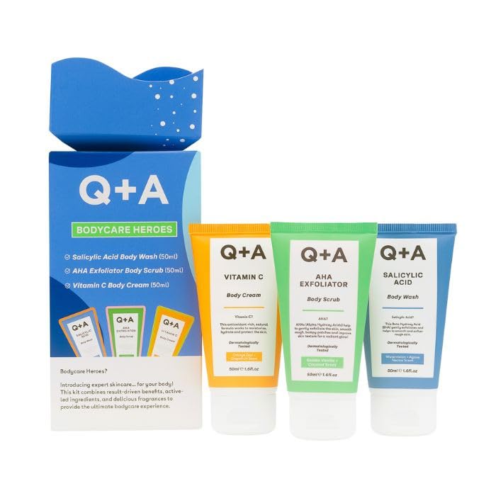 Q+A Bodycare Heroes Giftset - 3-Step Skincare Routine: Salicylic Acid Body Wash, AHA Exfoliator Scrub & Vitamin C Body Cream, Travel Sized 50ml Each, Exfoliate, Smooth & Radiate, Softens Skin