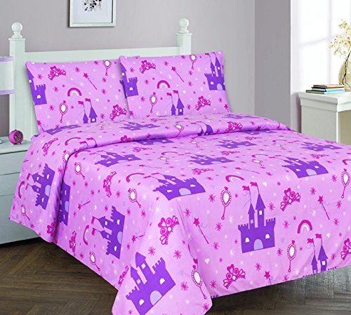 Elegant Home Princess Palace Castle Pink Purple 4 Piece Printed Full Size Sheet Set with Pillowcases Flat Fitted Sheet for Girls / Kids/ Teens # Princess Palace (Full)