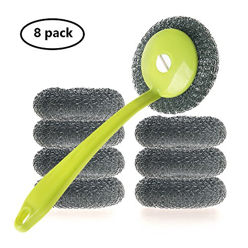 hothuimin Stainless Steel Scourer Scrub Pad with Plastic Handle Cleaning Brush Stainless Steel&Plastic Wire Scrubbers1 Handle 8Pcs of Scouring/Cleaning Steel Wire Balls#19-QJQ-G - Thumbnail 5