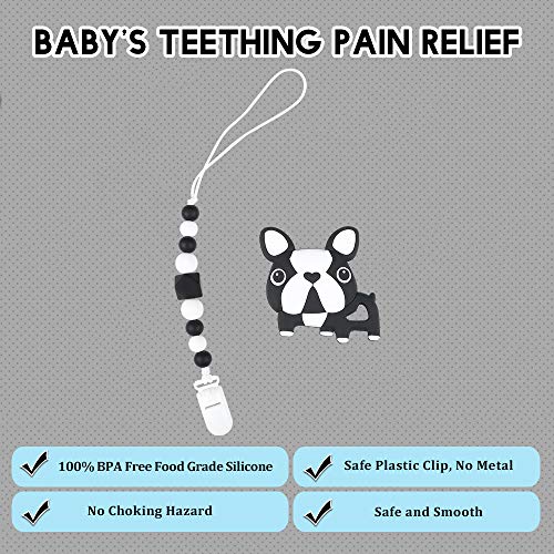 AmazingM Teething Pain Relief Toy with Pacifier Clip Holder Set for Newborn Babies,Food Grade BPA Free Silicone Teether,Freezer Safe,Neutral Baby Shower Gift for Boy and Girl(Puppy)