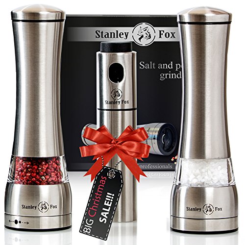 Premium salt and pepper grinder set of 3, brushed stain…