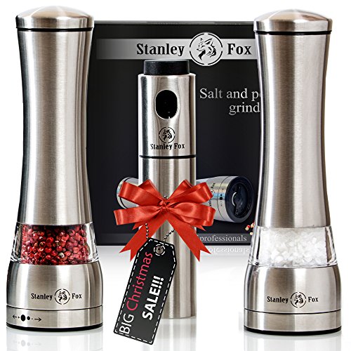 Premium Salt and Pepper Grinder Set of 3, Brushed Stainless Steel Salt and Pepper Shakers - Pepper Mill and Salt Mill -Adjustable Ceramic Rotor - Oil Sprayer and Gift Box by Stanley Fox