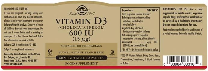 Solgar Vitamin D3 (Cholecalciferol) 600 IU (15 µg) Vegetable Capsules, Food Supplement, Pack of 60 - Image 3