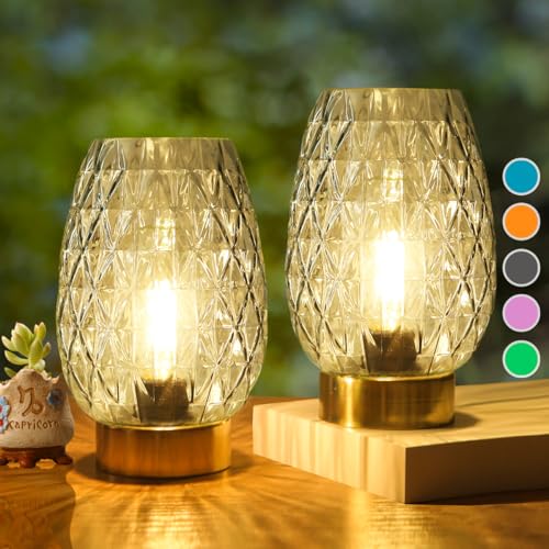 Photo 1 of Set 2, Battery Operated Table Lamp with Timer for Home Decoration, Vintage Cordless LED Glass Lamps for Living Room Bedroom Bedside Entryway, Wireless Accent Night Light for Desk Nightstand Shelf