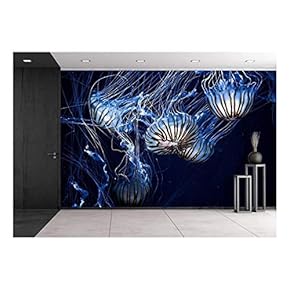 Glowing Jellyfish Under Deep Ocean - Removable Wall Mural | Self-Adhesive Large Wallpaper - 66x96 inches