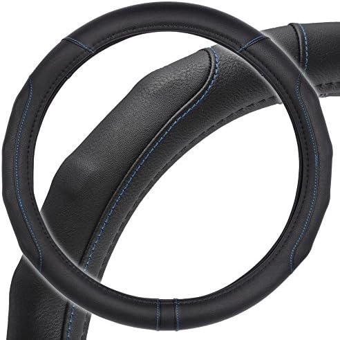 Pro Advanced Leather w/ Accent Stitching Steering Wheel Cover - Car, Performance Grip, Small Size Fit 13.5"-14.5", Auto Interior Accessories - by Infinity Stock (Small 13.5"-14.5", Black/Blue)