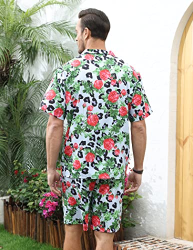 LUCKYOUNG Men's Flower Button Down Hawaiian Sets Casual Short Sleeve Shirt and Shorts Suits Set 2 Piece Bluerose Medium