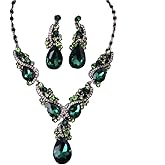 Secret for Longevity Silver Tone Antique Style Art Deco Dark Hunter Forest Green Emerald Peridot Rhinestone Statement Wedding Bridal Prom Chunky Statement Earrings Necklace Gift Set