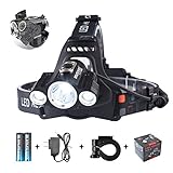 Smiling Shark Brightest 5000 Lumen Headlamp Flashlight, 1 CREE T6 and 2 CREE Q5 LED Headlight Torch, Rechargeable 18650 Batteries, Charger