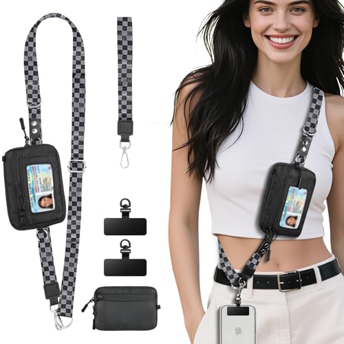 TiMOVO Clip and Go Phone Strap Crossbody with Detachable Wallet, RFID Blocking, Adjustable Anti-Theft Phone Lanyard, Black & Gray
