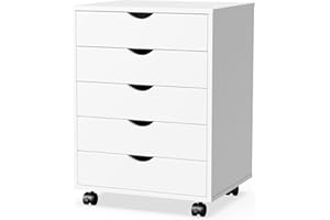 Elevon 5 Drawer Chest, Storage Cabinets Wooden Mobile Cabinet with Wheels Room Organizer, Small Drawers Wood Organization Furniture for Office, Home, White