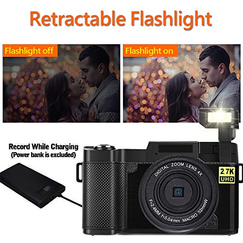 Digital Camera Camcorder WiFi Video Camcorders Vlogging Camera Full HD 2.7K 24MP 3.0 Inch 180 Degree Rotation Flip Up Screen Cameras for YouTube with Retractable Flash Light