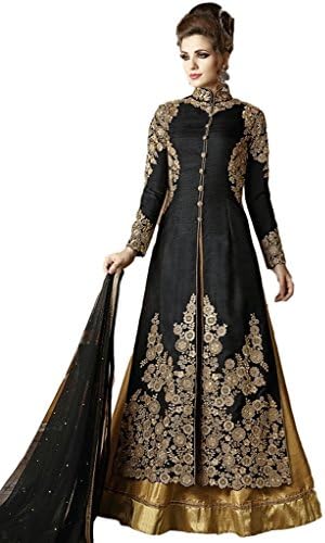 Ethnicwear Indian Women Party Reception Wear Black Art Silk Anarkali Lehanga Suit