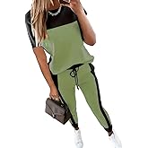 HBQ Women's Color Block 2 Piece Outfits Summer Travel Tracksuit Short Sleeve Tops High Waisted Jogger Pants Lounge Sets