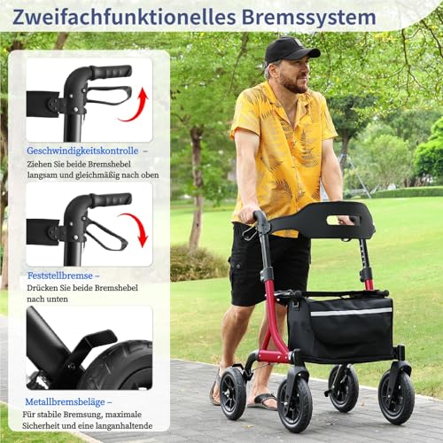 MAXWALK Rollator Foldable and Lightweight with Seat, 25 cm Rubber Non-Pneumatic Tyres for All Terrain, Integrated Pull Brake, Drink Holder, Height-Adjustable Aluminium Rollators