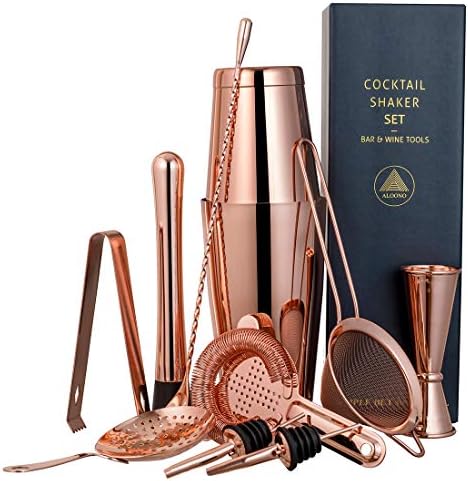 11-Piece Copper Boston Cocktail Shaker Set Bartender Kit | Drink Mixer Bar Set | Cocktail Set Bar Accessories: Martini Shaker, Strainer, Jigger, Muddler, Spoon, & More