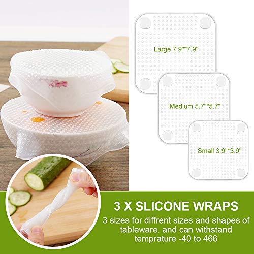 Reusable Beeswax Food Wrap 6 Pack & 3 Silicone Stretch Lids & 5 Food Bag Clips, Organic Eco Friendly Food Wraps, Sustainable Zero Waste Bees Wax Sandwich Wrappers Cling Wrap Cover for Food Storage