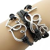 KAMOUR Jewelry Mens Womens Leather Rope Bracelet, Infinity LOVE Double Hearts Friendship Leather Charm Bangle, Black Silver