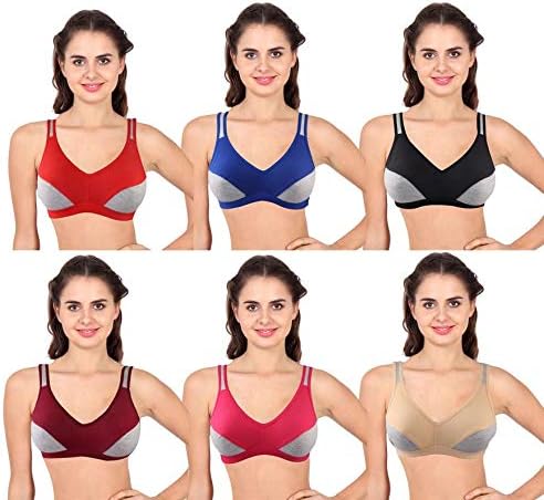 Style Stock Sports Bra for Women Gym Wear Daily Workout Combo Color Mehroon, Pink, Skin, Red, Blue, Black (Pack of 6) Size 34