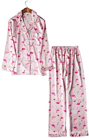 VlSl Womens Silk Satin Pajamas Set Sleepwear Loungewear Two-Piece Long Sleeve Pajama Set (Medium, Pink With Patterns)