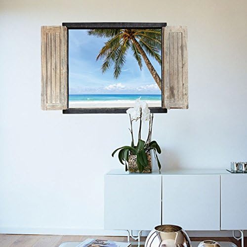 fashionbeautybuy 3D Fake Window Sea Coconut Tree Wall Sticker Decal Home Decor PVC Murals Wallpaper House Art Picture Living Room Adult Senior Teen Kids Baby Bedroom Decoration