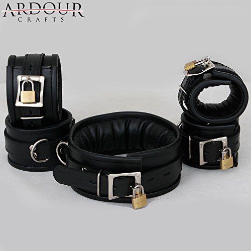 Ardour Crafts FF-3035 Genuine / Real Leather Padded Wrist, Ankle Cuffs & Neck Collar Set of 5 Pieces Lockable Restraint & Bondage