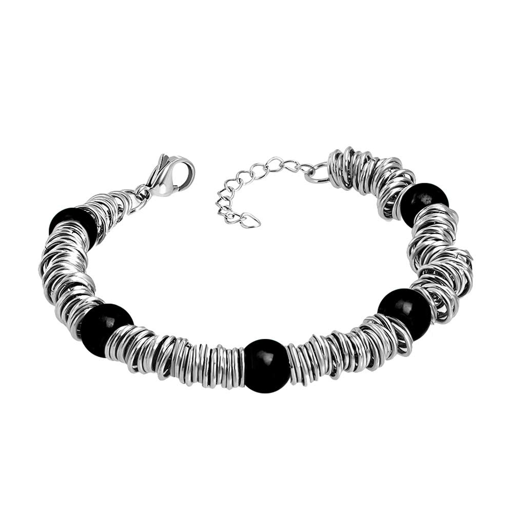 555Jewelry Stainless Steel Disc & Extendable Bead Bracelets for Women, Turquoise Bracelets for Women, Beaded Bracelets for Ladies, Womens Beaded Bracelets, Silver & Onyx