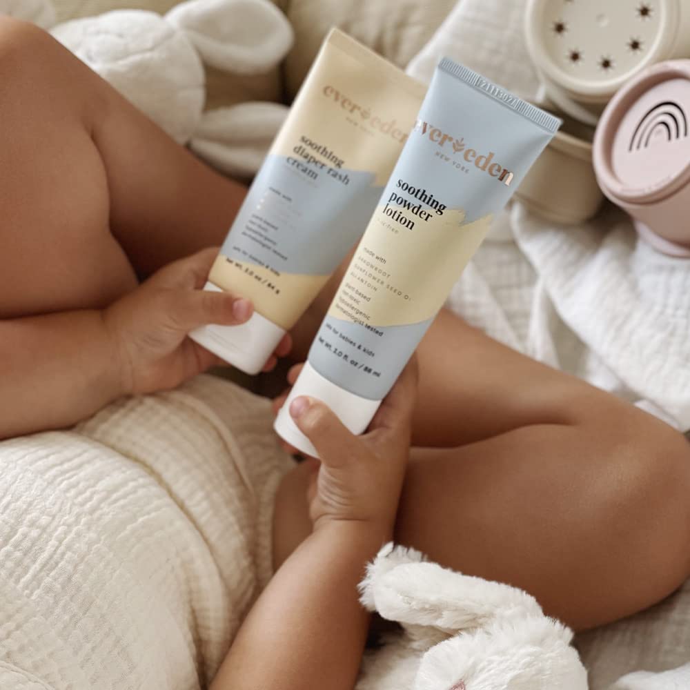 Evereden Soothing Powder Lotion, 3.0 fl oz | Clean and Unscented Baby Diaper Care Cream to Powder | Non-Toxic and Fragrance Free Liquid Baby Powder