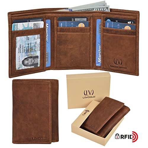 Genuine Leather RFID Blocking Slim Trifold Wallet for Men with 7 Cards+1 ID Window on Right+2 Note Compartments. (Cognac Vintage.LEFT ID)