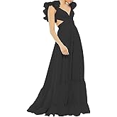 Lawrncedw Chiffon Ruffle Prom Dress for Women V Neck Long Bridesmaid Dresses Backless Formal Evening Gowns A Line
