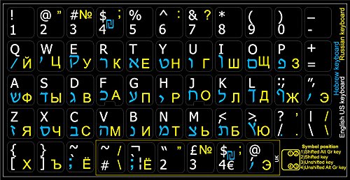 HEBREW RUSSIAN CYRILLIC ENGLISH NON-TRANSPARENT KEYBOARD STICKERS BLACK BACKGROUND FOR DESKTOP, LAPTOP AND NOTEBOOK