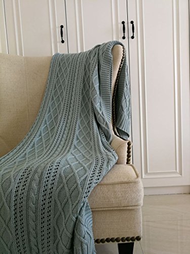 DOKOT Diamond Cable Knitting Pattern 100% Cotton Knitted Throw Blanket All Season Couch, Sofa, Chair, Bed Cover (Blue)