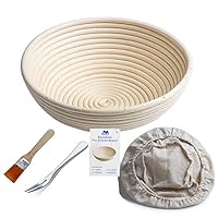 Banneton Proofing Basket 10" Round Banneton Brotform for Bread and Dough [FREE BRUSH] Proofing Rising Rattan Bowl + FREE LINER + FREE BREAD FORK (1000g dough)