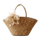 Donalworld Women Woven Straw Flower Silk Casual Beach Tote Shoulder Handbag Beige
