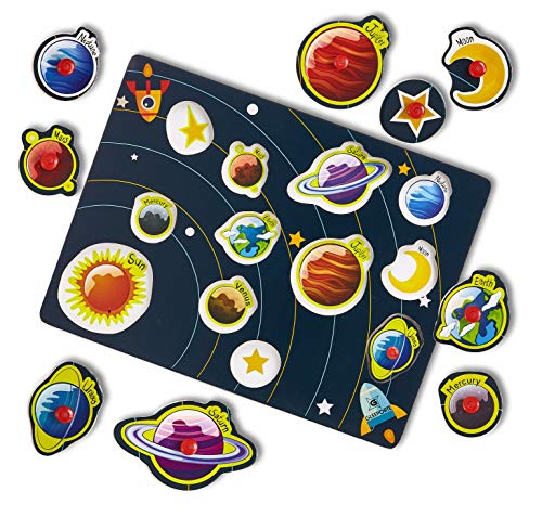Wooden Peg Puzzle, Planets Theme - Learning Educational Pegged Puzzle for Toddler & Kids (12 pcs) Gleeporte