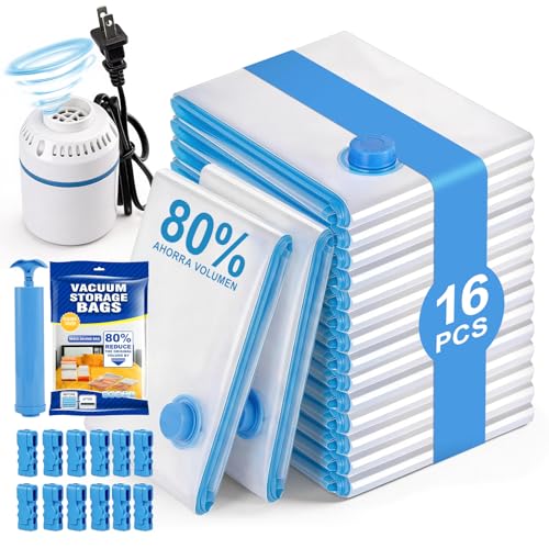 16 Piezas 60x40 cm Bolsas de Almacenamiento de Vacío con Bomba Eléctrica,Bolsas al vacio ropa viaje,80% de Ahorro de Espacio,Compresión rápida en 30s, Reutilizables, Almacenar Edredones,Cobertores