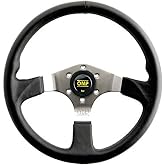 OMP Steering Wheel, ASSO, 350 mm Diameter, Flat, 3-Spoke, Black Leather Grip, Steel, Chrome, Each