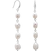 Freshwater Cultured Pearls Wire Beaded Linear Earrings for Women, White Gold Plated