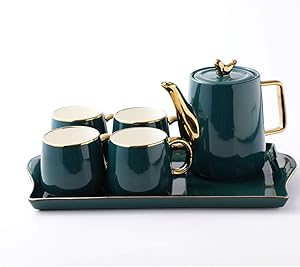 Purzest Tea Cup Teapot Set with Tray, Emerald Ceramic Teapot Coffee Cups Set Christmas Gift for Drinking Tea Latte Water, Tea Pot 40 OZ, 4 Cups 10 OZ
