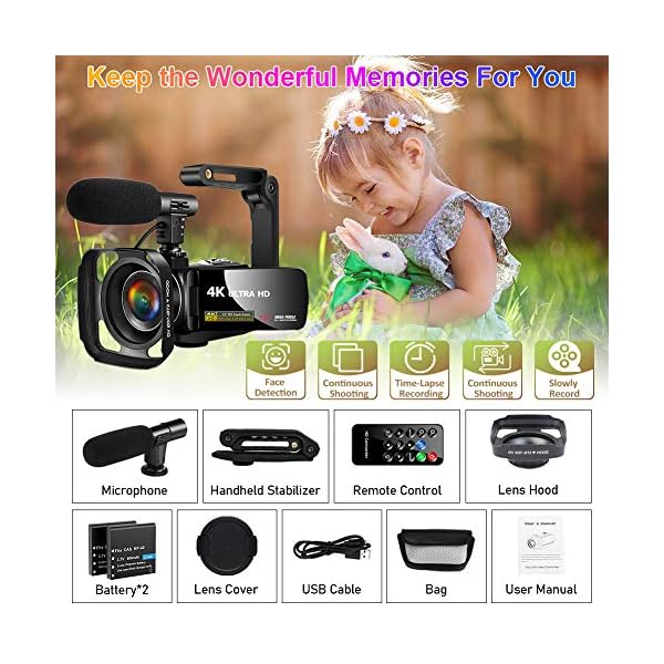 Videokamera 4K Camcorder Ultra HD 30MP 18X Camcorder mit LED-Fülllicht, 3,0 Zoll Drehbare Touchscreen Vlogging Kamera… – Bild 8