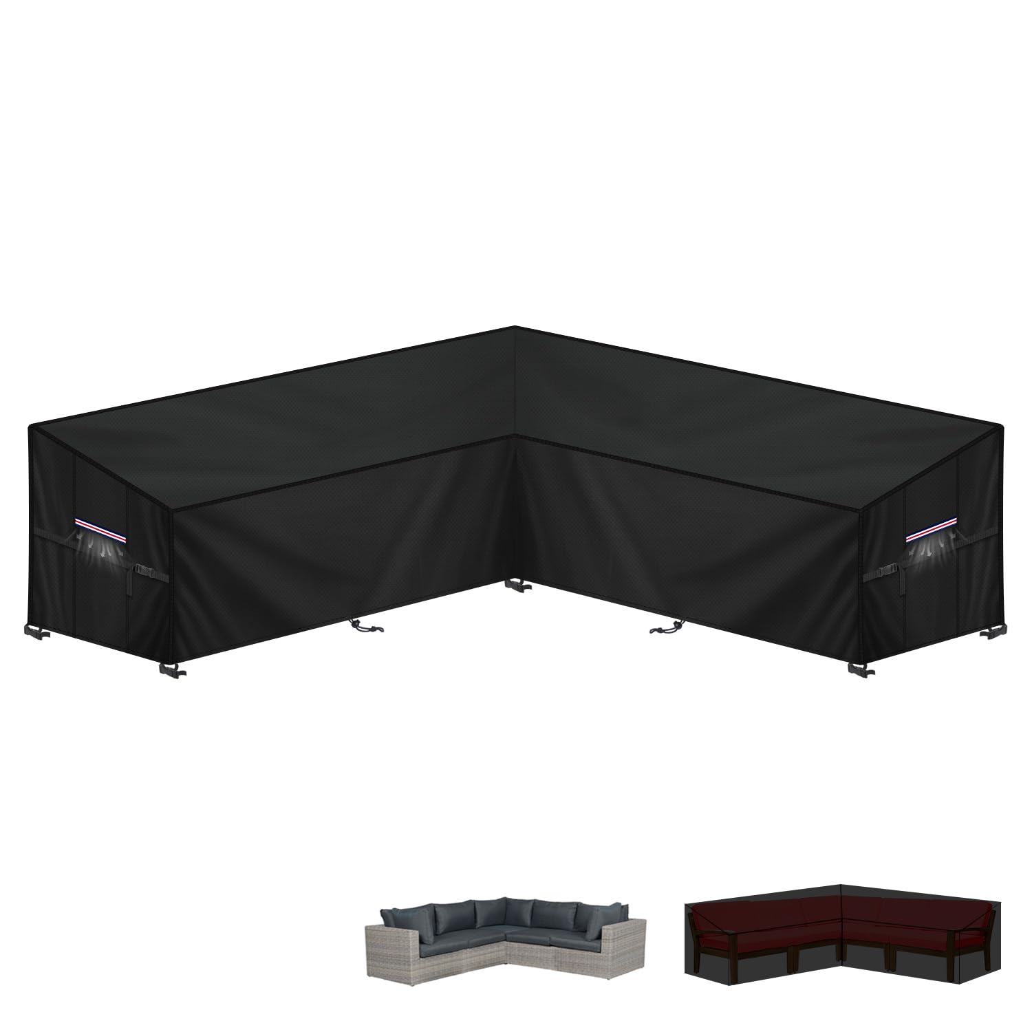 LAMUNI V-Shaped Garden Furniture Cover Waterproof Garden Sofa Covers 420D Oxford Rattan Corner Sofa Cover L-Shape Garden Corner Covers Outdoor Corner Sofa Cover with Air Vent, 235x235x100x90/65cm