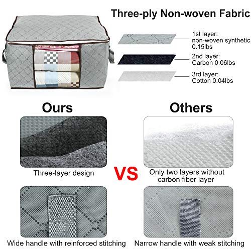 LotFancy Clothes Storage Bag, Large Capacity, 90L, Pack of 3, Blanket Comforter Bedding Closet Organizer, Foldable, Thick Fabric with Zipper, Reinforced Handle, Clear Window, Grey