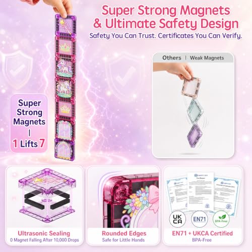 YOGOHEE Magnetic Travel Bricks for Girls: 42 Pieces Princess and Unicorn Tiles in Portable Metal Box as Mobile Building Platform for Car, Plane, Train, Toy