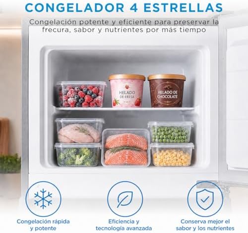 Frigorífico 2 puertas 140 cm alto x 55 cm ancho, Inox, Capacidad 204 L, Nevera Pequeña con Congelador Low Frost de Bajo Consumo, Puerta Reversible, Luz LED, Silencioso 40dB, Cajón de Frutas