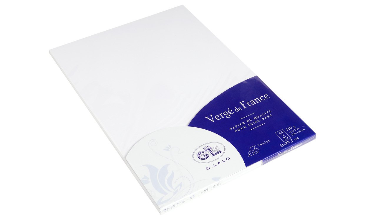 Lalo 41050L - Verge De France. A Pack of 25 Single Cards. Size: A4 21x29.7 cm 210g, Laid de France, Extra-White, Lined, Correspondence, Sheets, Made in France