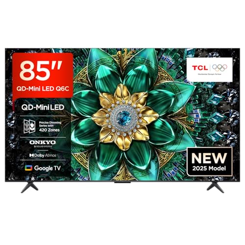 TCL 85Q6C 85'' QD-Mini LED TV, 4K HDR Premium 1000nits, Google TV (Dolby Vision IQ e Atmos, sistema audio Onkyo 2.1, Motion Clarity Pro a 144 Hz)